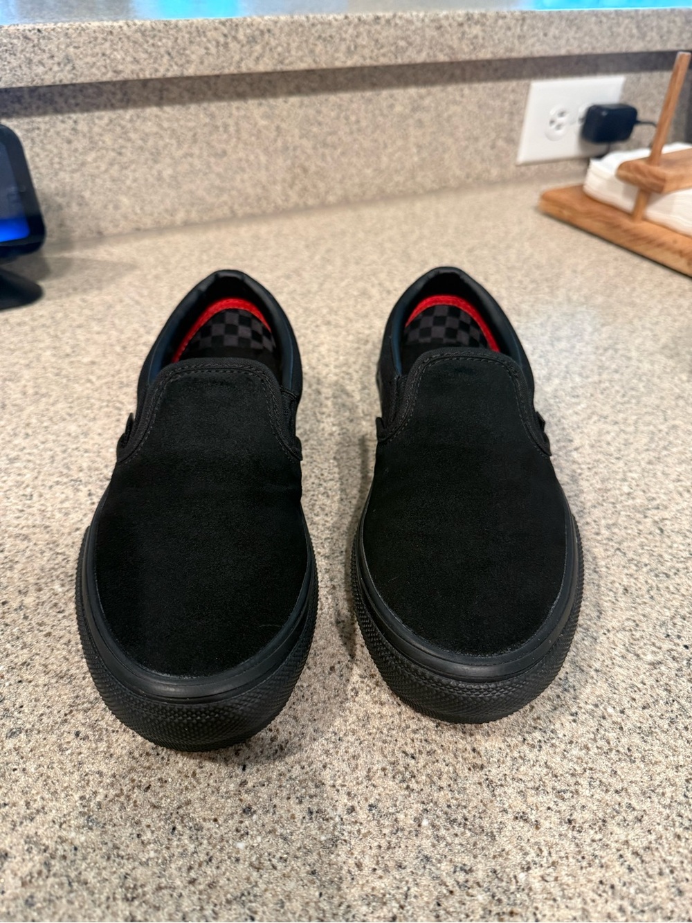 Vans Black Suede Slip-On Loafers with Red Lining